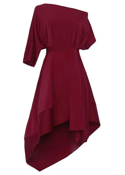 French Mulberry One Shoulder Asymmetrical Design Tie Waist Dresses Summer