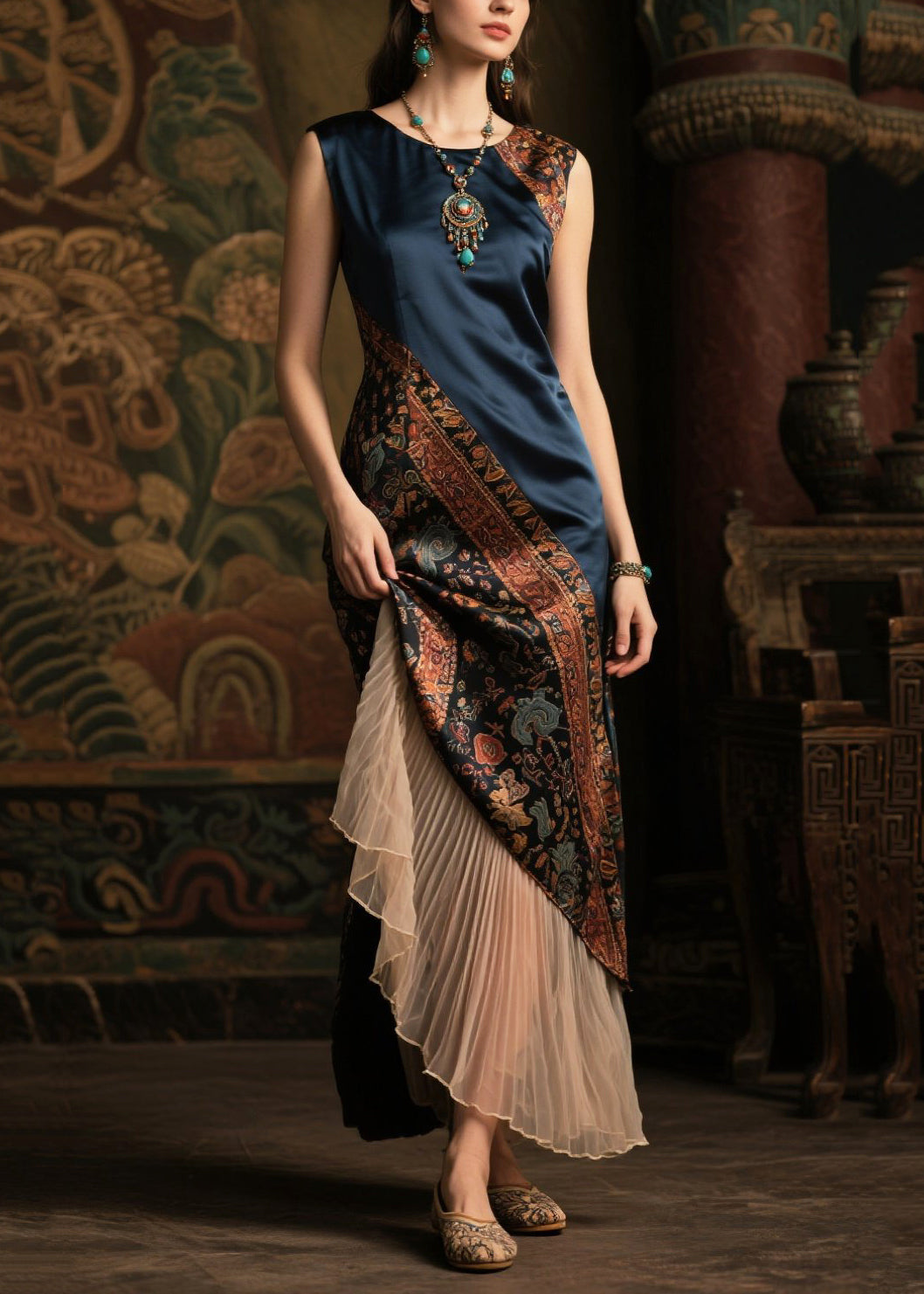 Diy Navy Asymmetrical Patchwork Silk Fake Two Piece Dresses Sleeveless Summer