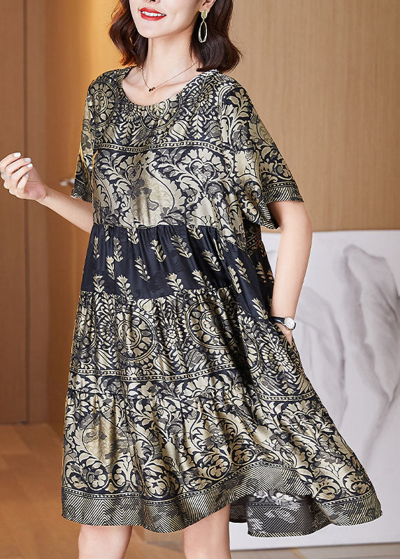 Boutique Gold O-neck Print Wrinkled Patchwork Silk Dresses Summer