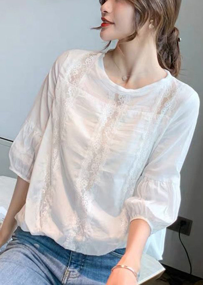 White Hollow Out Patchwork Cotton Shirt Lantern Sleeve
