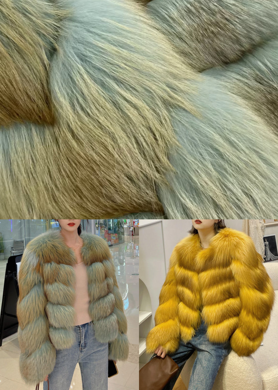 Yellow O-neck Zippered Leather and Fur Coat Winter
