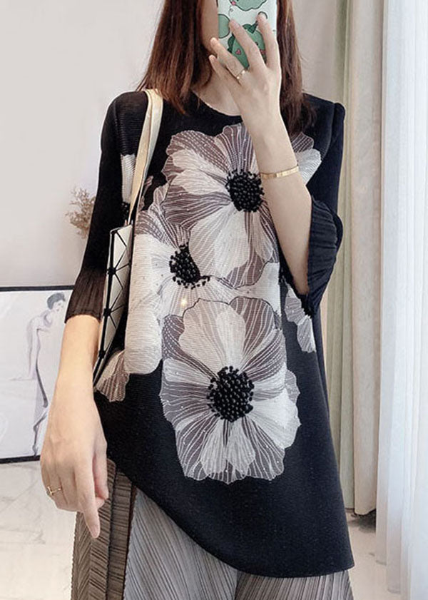 Original Design Black O-neck Wrinkled Tank Flare Sleeve