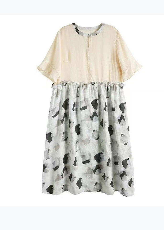 Boutique Blue O-neck Ruffled Print Patchwork Linen Dress Summer