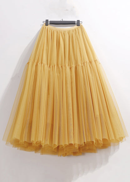 Yellow Wrinkled Elastic Waist Tulle Skirt Summer