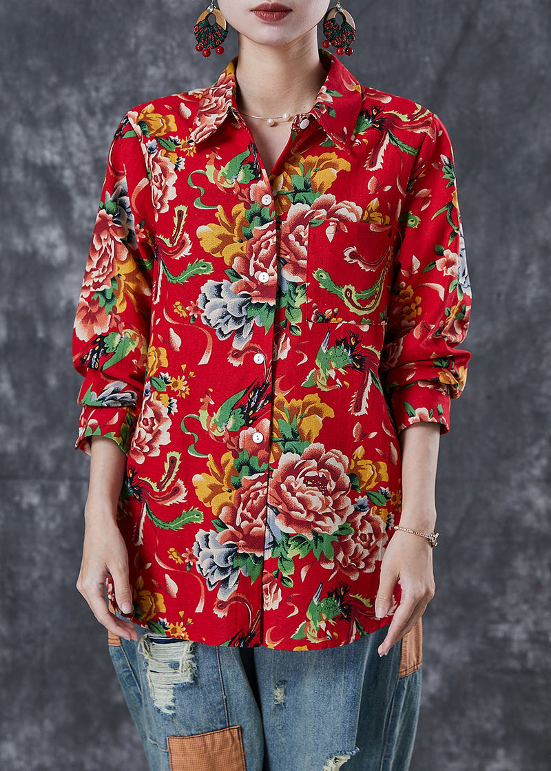 Diy Red Oversized Print Cotton Blouse Top Spring