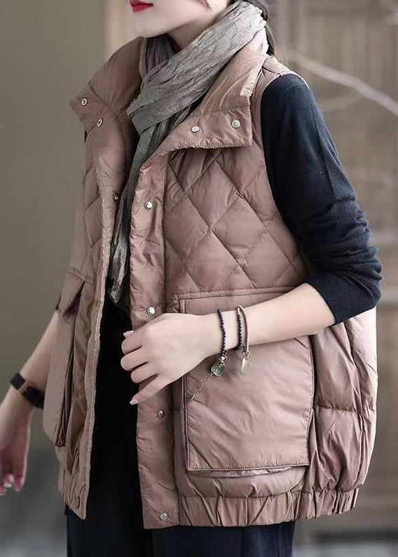 Pink Button Pockets Patchwork Duck Down Waistcoat Sleeveless