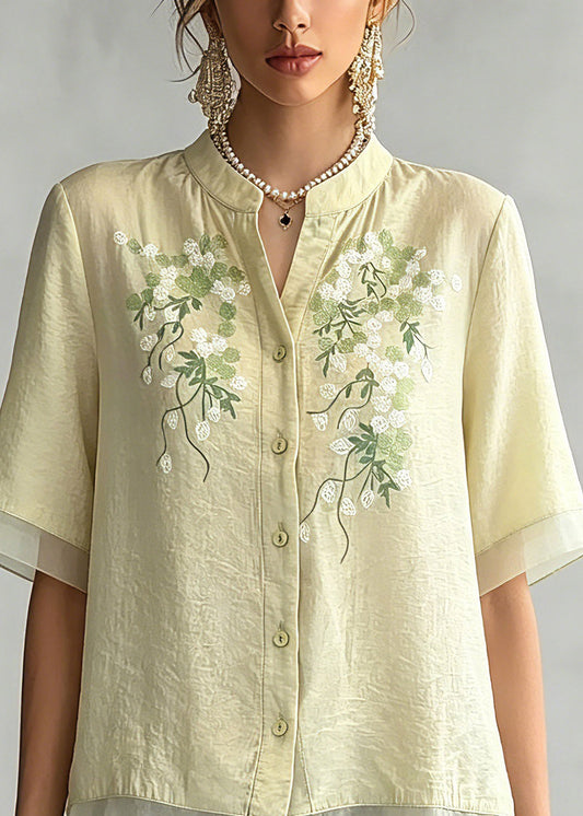 Boutique Light Green Embroidered Button Shirt Summer