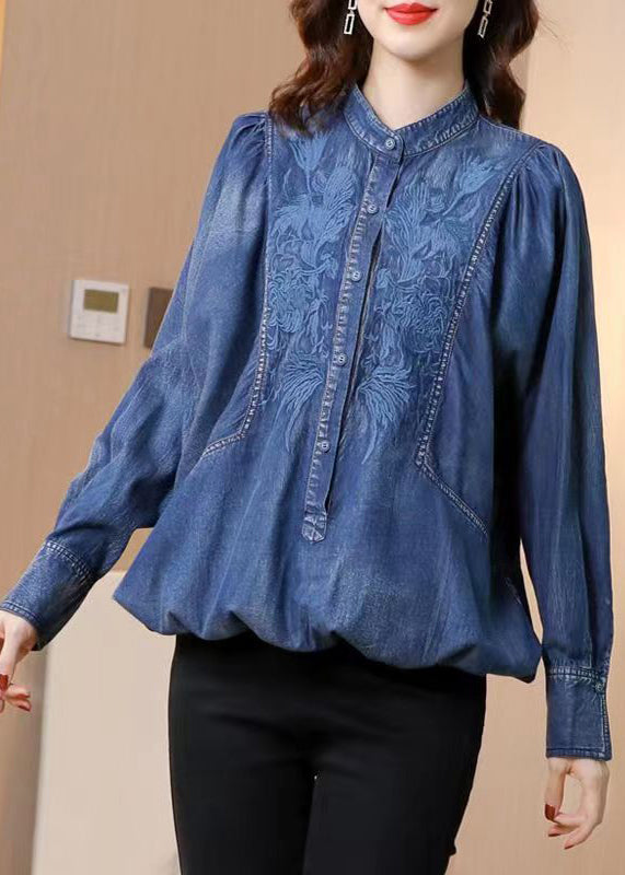 Boutique Blue Stand Collar Embroideried Patchwork Denim Top Fall