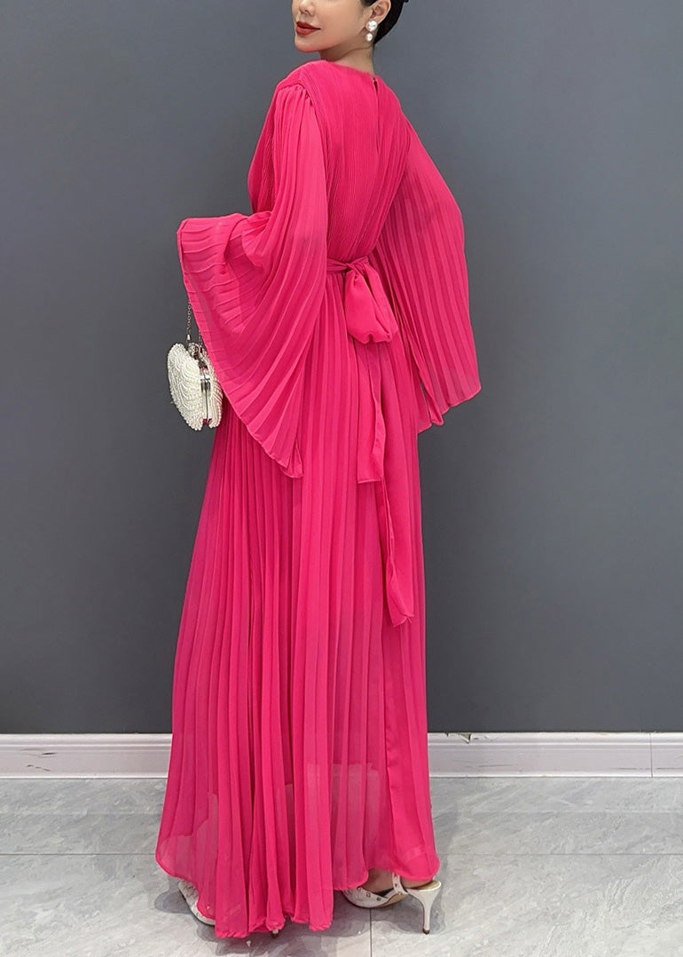 Rose Wrinkled Tie Waist Chiffon Maxi Dresses Flare Sleeve