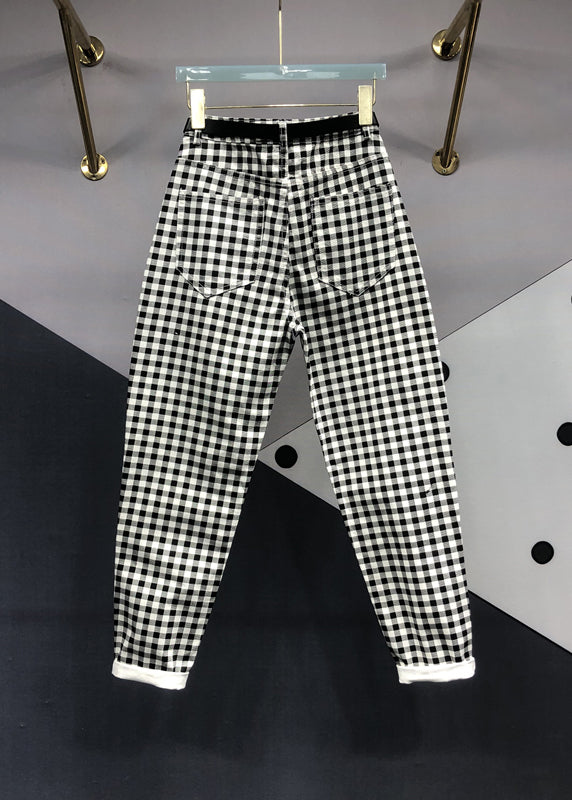 Black Plaid Pockets Patchwork Denim Pants Fall