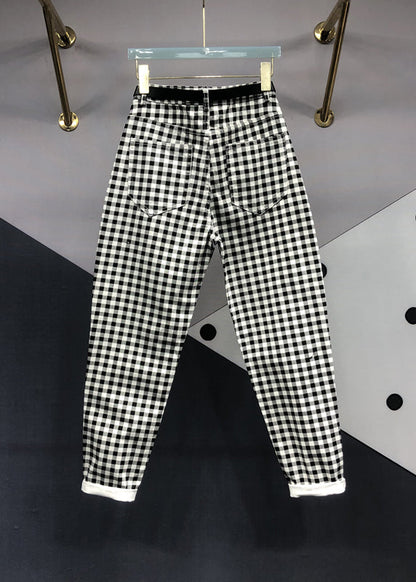 Black Plaid Pockets Patchwork Denim Pants Fall
