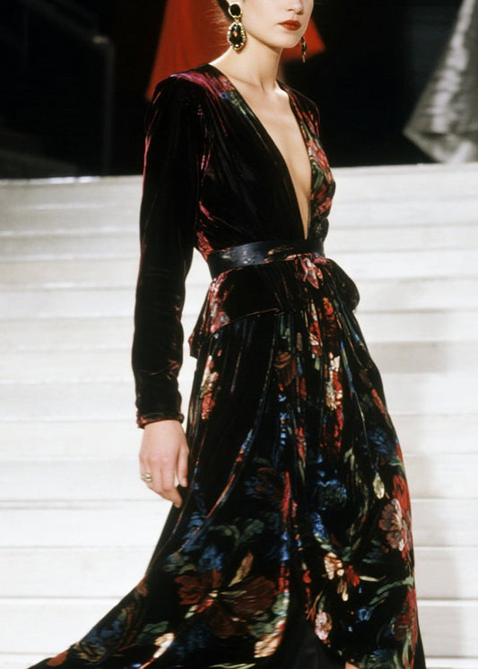 V Neck Asymmetrical Design Print Velvet Dress Fall