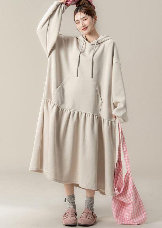 Apricot Patchwork Cotton Hooded Dresses Fall