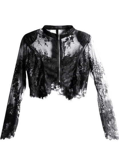 Black Zippered Tulle Summer Shirt Tops Long Sleeve