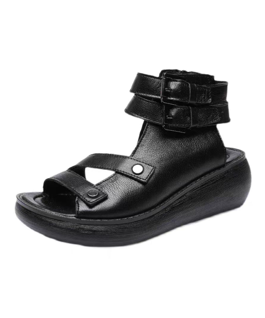 Splicing Wedge Sandals Black Cowhide Leather Peep Toe