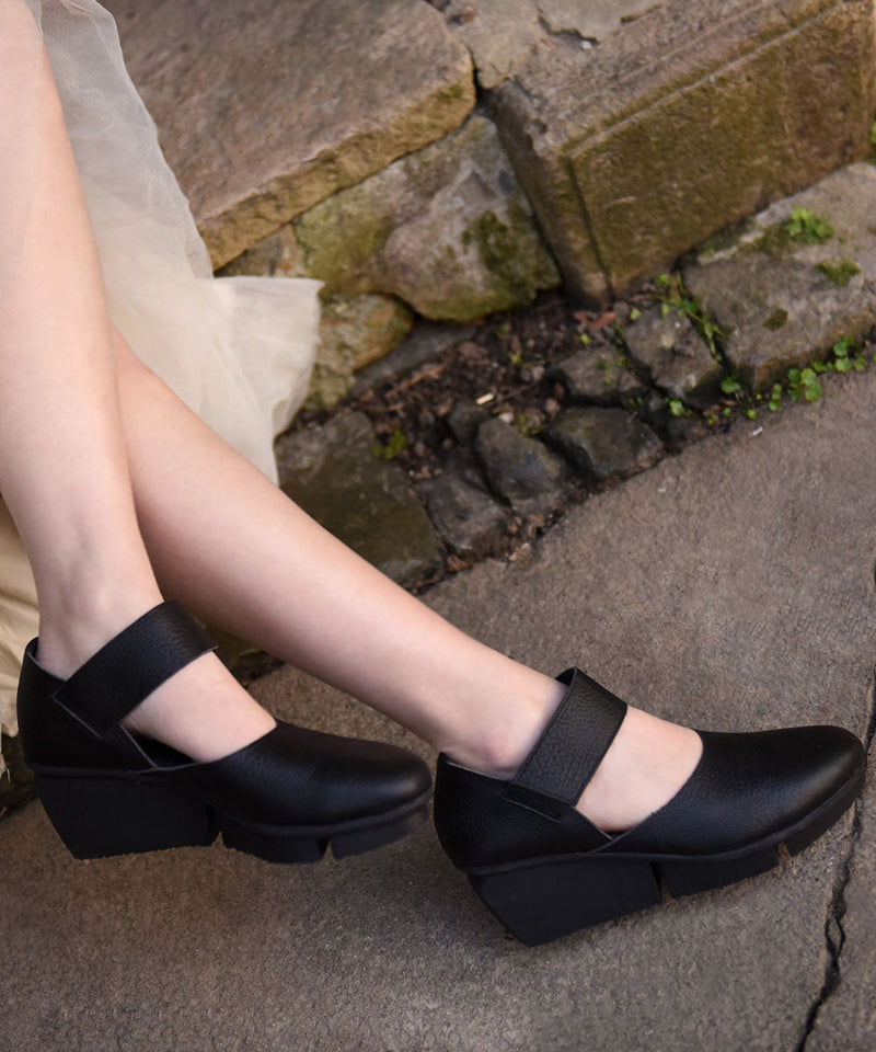 Coffee Cowhide Leather Buckle Strap Splicing Wedge Heels Sandals