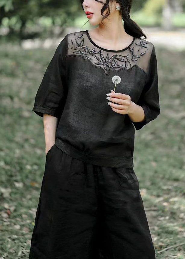 Black Embroideried Patchwork Linen Two Pieces Outfit Summer