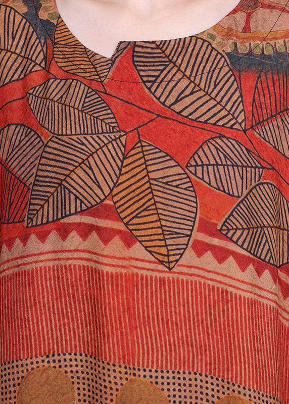 Natural Orange Print O-neck Asymmetrical Design Summer Silk Maxi Dresses