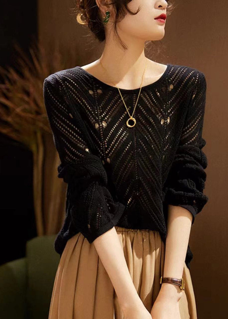 White O Neck Hollow Out Patchwork Knit Top Long Sleeve