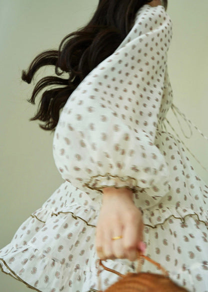 White Ruffled Print Shirts and Skirts Chiffon Two Piece Set Fall