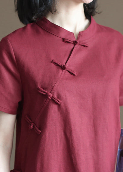 Mulberry Mandarin Collar Oriental Button Side Open Cotton Linen Dresses Short Sleeve