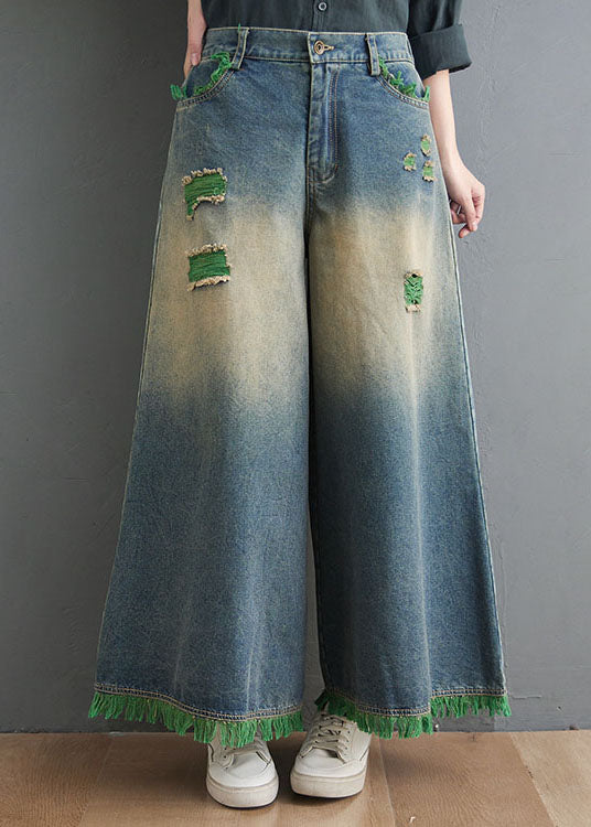 Blue High Waist Hole Pockets Tassel Cotton Denim Wide Leg Pants Spring