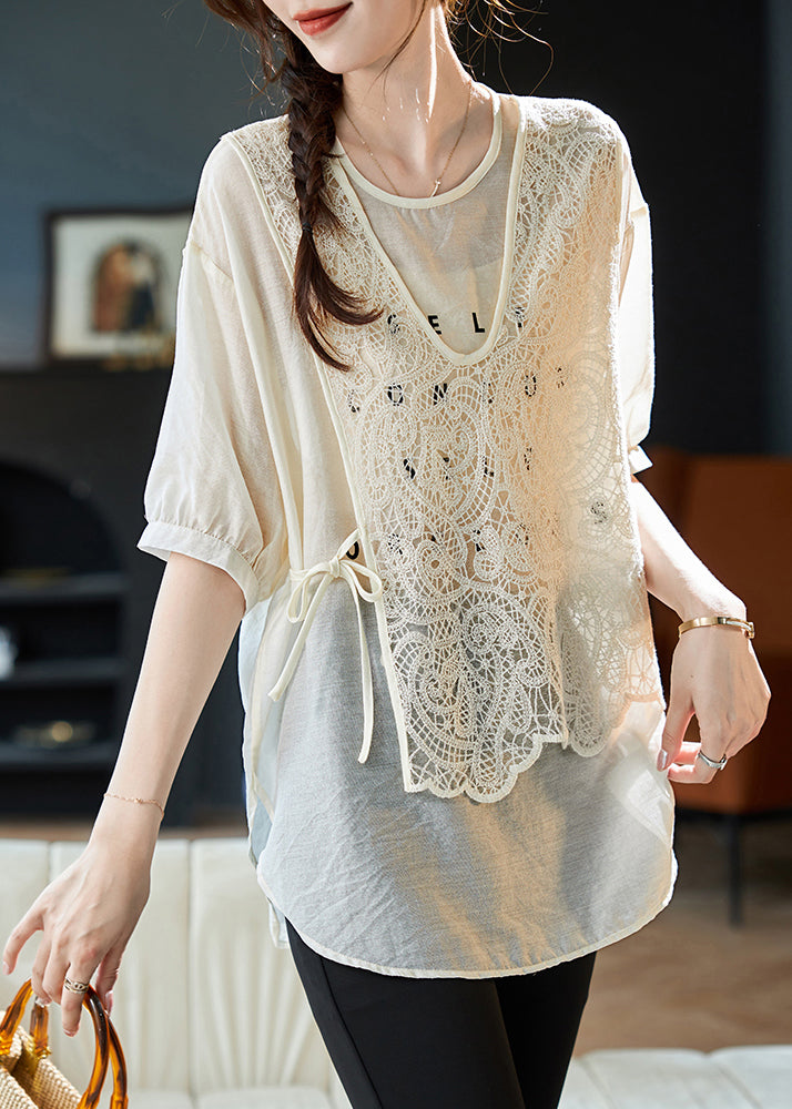 Beige O Neck Lace Patchwork False Two Pieces Chiffon Top Summer