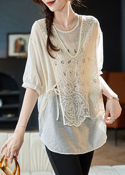 Beige O Neck Lace Patchwork False Two Pieces Chiffon Top Summer