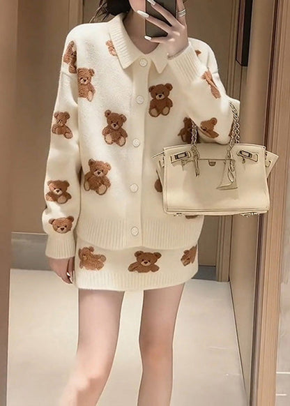 Winter White Cartoon Jacquard Knitted Sweater and Skirt Set