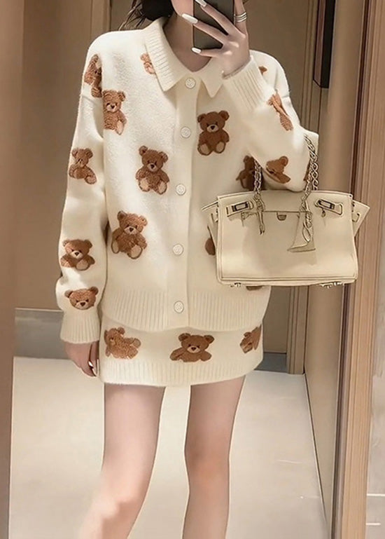 Winter White Cartoon Jacquard Knitted Sweater and Skirt Set
