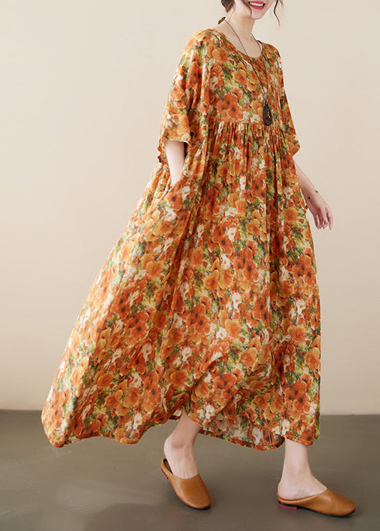 Orange O-neck Print Cozy Robe Dresses Summer