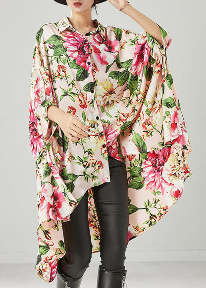 Apricot Print Low High Design Chiffon Shirt Dresses Spring