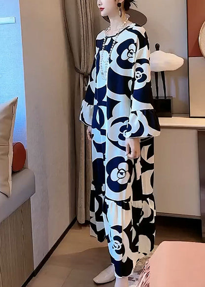 And Lazy Style Black and White Contrast Large Flower Pattern Satin Texture Dress Flare Sleeve