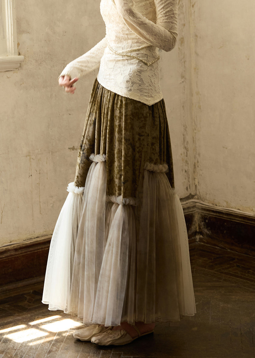 Green Ruffled Elastic Waist Tulle Patchwork Silk Velvet Skirts Winter