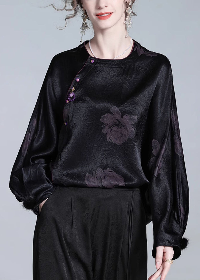 Loose Black O-neck Button Print Silk Blouses Fall