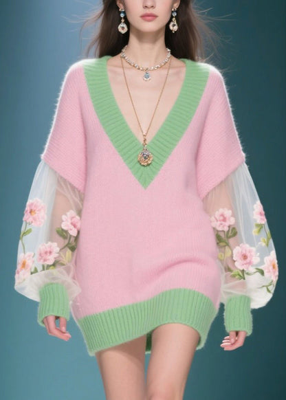 Pink V Neck Patchwork Tulle Sweater Dress Winter
