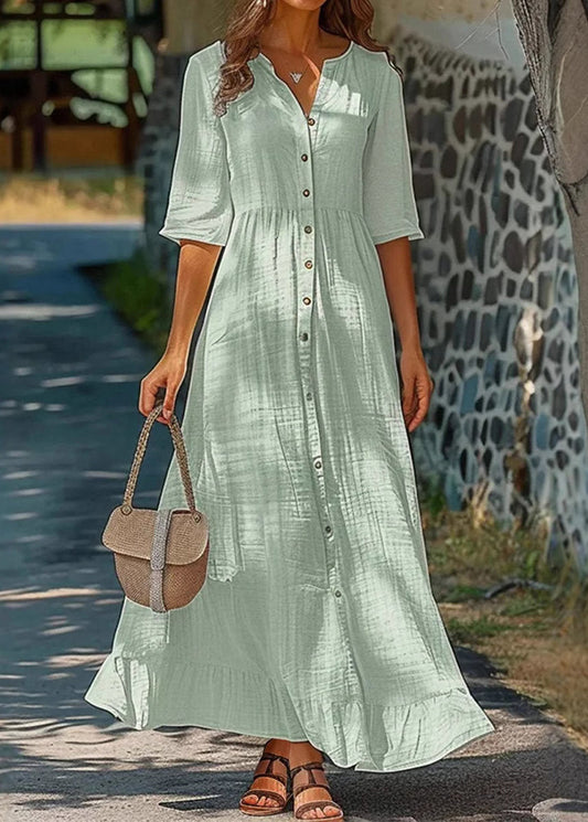 Simple Green Button Cotton Shirts Dresses Half Sleeve