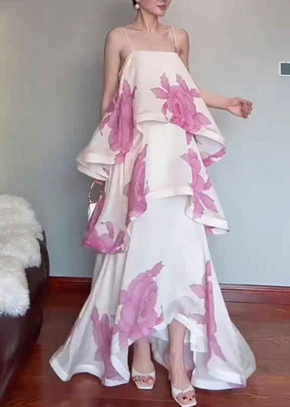 Beach White Print Maxi Spaghetti Strap Dress Summer