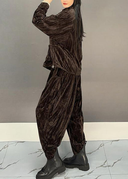 Loose Brown Zippered Tops and Crop Pants Silk Velvet Two Pieces Set Winter