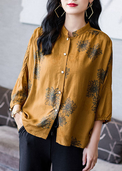 Yellow Stand Collar Wrinkled Patchwork Print Silk Shirt Top Bracelet Sleeve