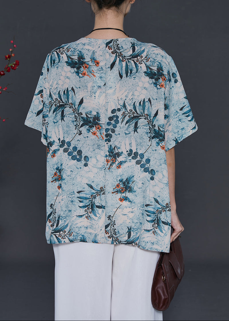 Blue Print Chiffon Tops Chinese Button Summer