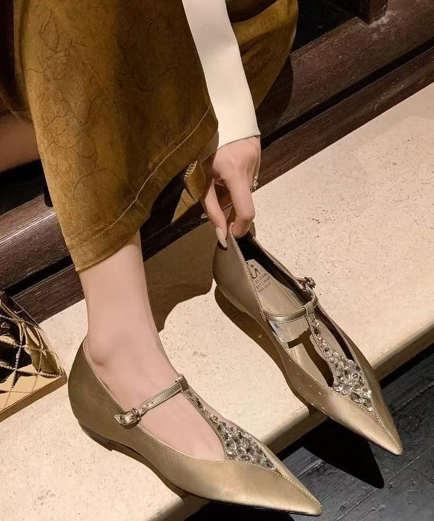 New Apricot Zircon Cowhide Leather Wedge Pointed Toe