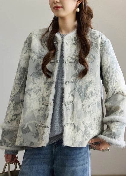 Dark Grey Jacquard Patchwork Faux Fur Cotton Oriental Coats Winter
