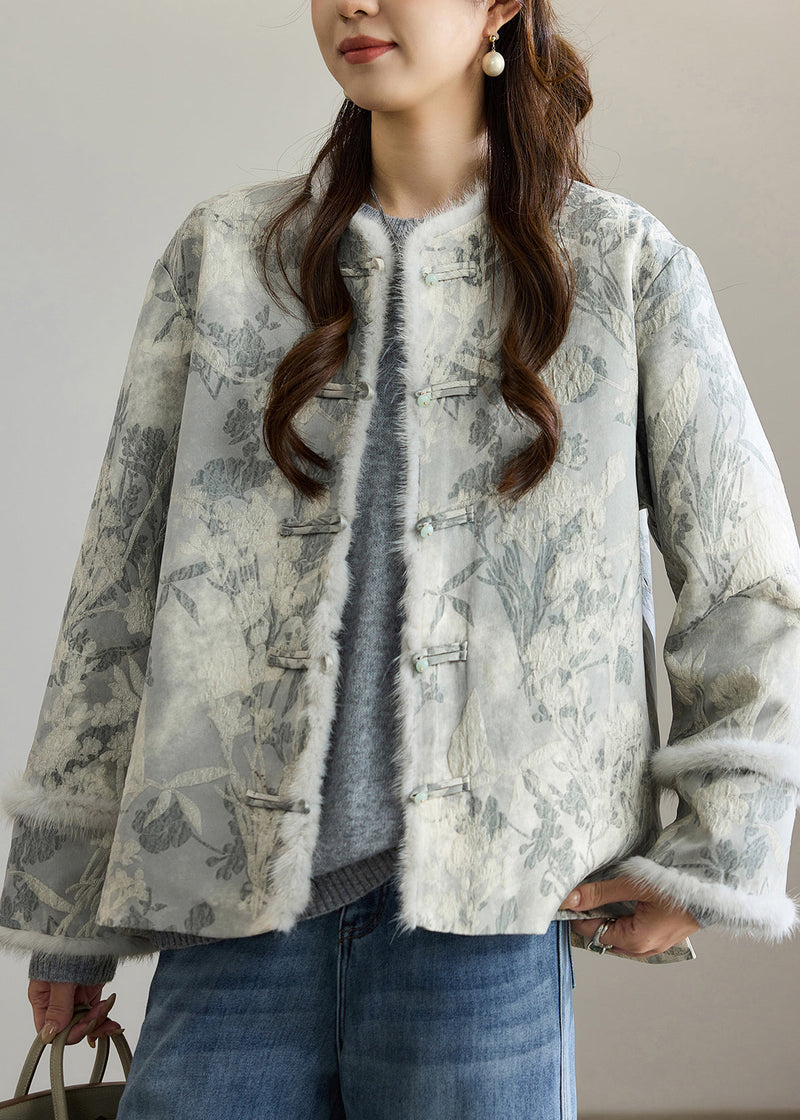 Dark Grey Jacquard Patchwork Faux Fur Cotton Oriental Coats Winter