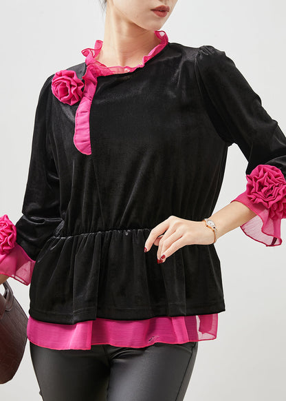 Diy Black Ruffled Patchwork Silk Velour Blouses Spring