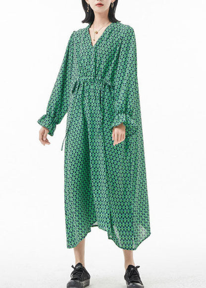 Classy Green Tie Waist V Neck Silk Vacation Dress Spring