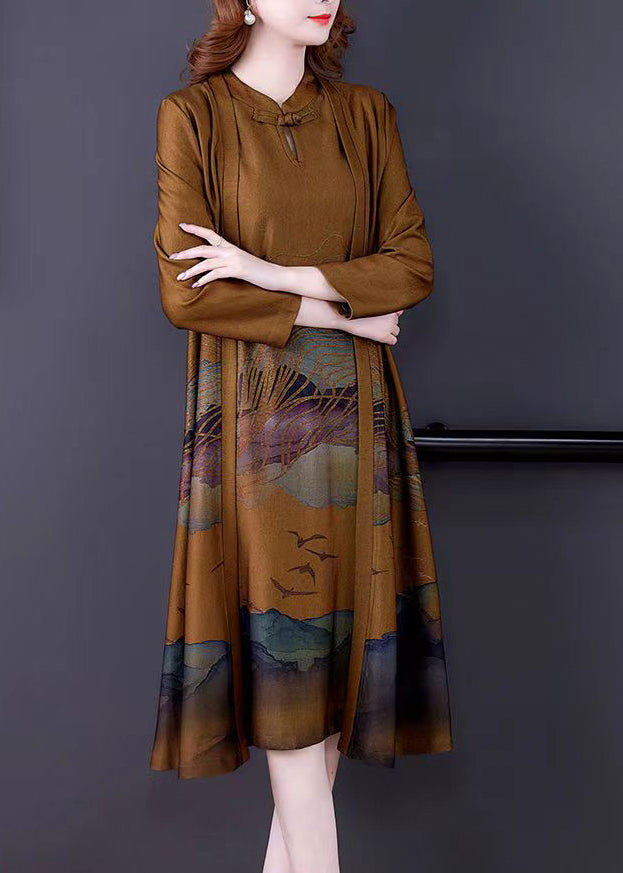 Italian Yellow Stand Collar Print Silk Trench Coats and Dress Two Piece Set Long Sleeve