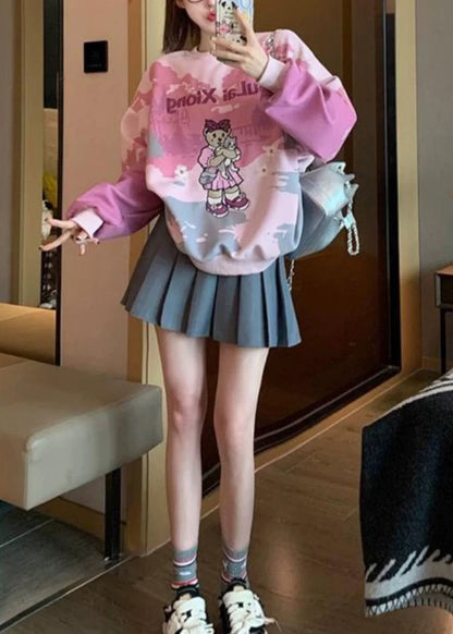 Pink O Neck Embroidered Tie Dye Cotton Pullover Spring
