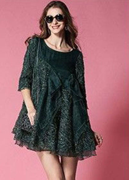 Blackish Green Bow Patchwork Organza Vacation Dress Half Sleeve