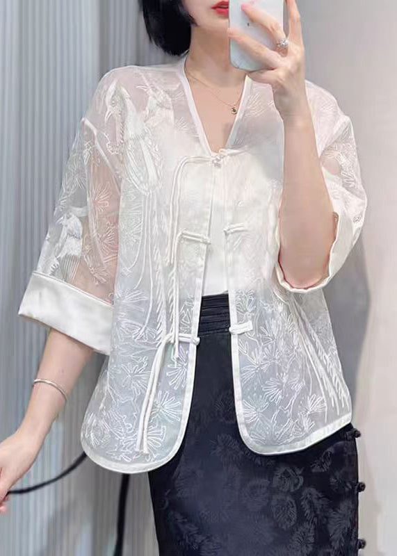 White Embroidered Button Silk Blouse Summer